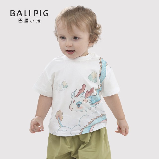 巴厘小猪 亲子装夏天一家三口短袖T恤国风宝宝上衣新中式婴儿衣服儿童夏装 青龙戏粽 80