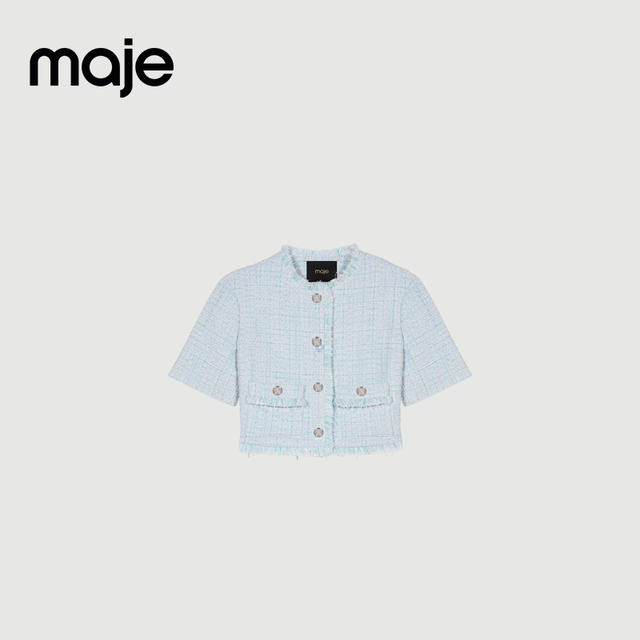 maje 2025春夏女装复古时尚天蓝色粗花呢毛须边圆领短款单排扣外套