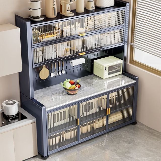 卡诗曼 国家厨房岩板餐边柜一体靠墙收纳碗柜橱柜不锈钢落地置物架子补贴 白5层