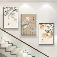 新中式荷花花鸟楼梯三联画
