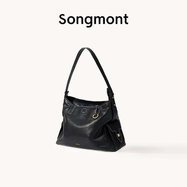 移动端：崧 【植鞣牛皮hobo包】山下有松李娜同款循迹单肩斜挎软包小号 烟墨黑