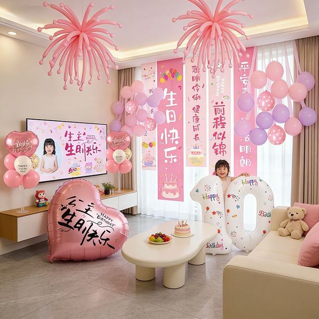 寻年味 女童生日派对装饰套装客厅3周岁6岁女孩公主气球背景挂布条幅布置