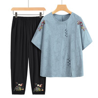 QITA 夏季中老年人套装棉麻女奶奶短袖妈妈纯棉T恤大码老太太衣服