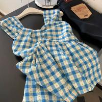 帕兰朵 度假风复古蓝色碎花格子吊带背心女减龄褶皱甜美外穿小上衣