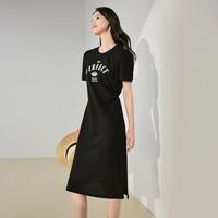 茵曼 字母印花收褶T恤裙 女 泡泡袖A字小黑裙
