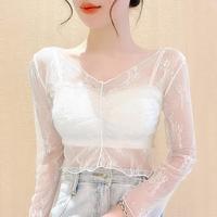 北极绒 内搭女纱衣蕾丝打底衫网纱镂空长袖透明薄款罩衫短款上衣
