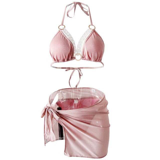 今日必买：OMOM 泳衣女比基尼三件套沙滩海边度假分体式性感温泉显瘦泳装 粉色 L