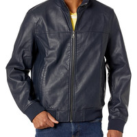 TOMMY HILFIGER 男式 人造皮革外套夹克 防水Faux Leather Bomber Jacket Navy Small