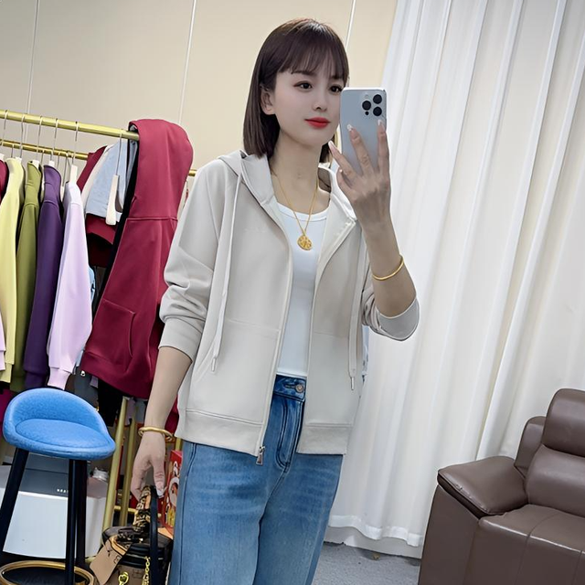 （宝赢家）0039春款插肩袖韩版外套休闲百搭纯色刺绣女连帽卫衣开衫