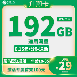 中国广电 升卿卡-长期29元192G通用流量+可开副卡