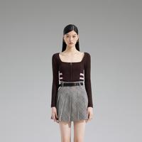 欧时力 黑标系列 女士针织衫 撞色条纹方领休闲外套