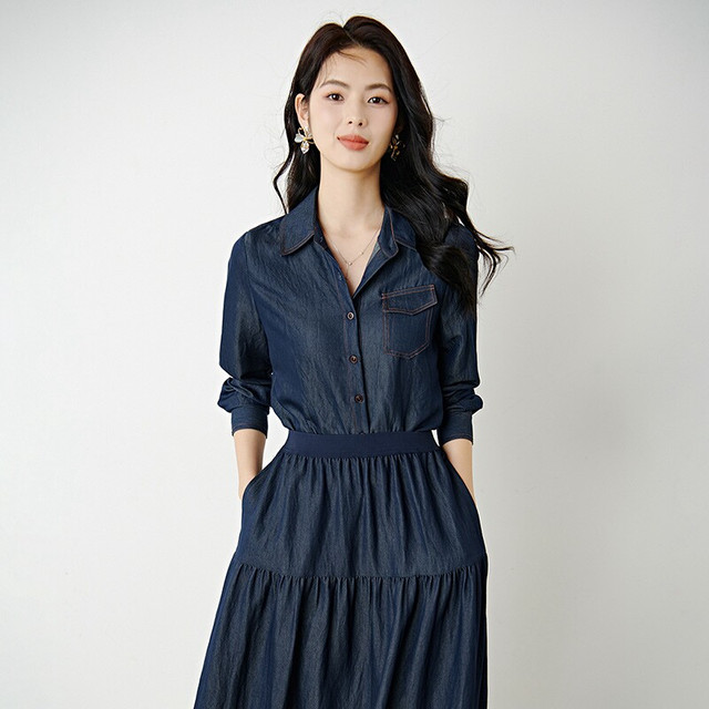 晚白 法式翻领牛仔衬衣女