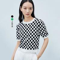 LILY 复古棋盘格纹短袖毛针织衫小上衣