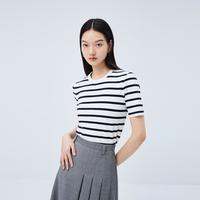 LILY 简约复古条纹圆领短袖毛针织衫女