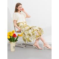 La·go·go 春夏气质设计感雪纺轻盈清新木耳边印花高腰蛋糕裙女