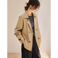 沫晗依美 女士短款风衣 双排扣经典翻领外套
