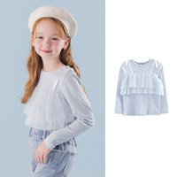 I LOVE J ILOVEJ韩国童装2026春新款清新奶蓝色假两件女童上衣T恤/JYSTO12