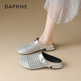 PLUS会员：达芙妮 包头拖鞋女 编织透气 镂空一脚蹬半拖鞋