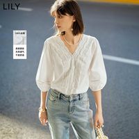 LILY 春夏新款女装全棉法式掐腰蕾丝白色上衣泡泡短袖套头雪纺衬衫