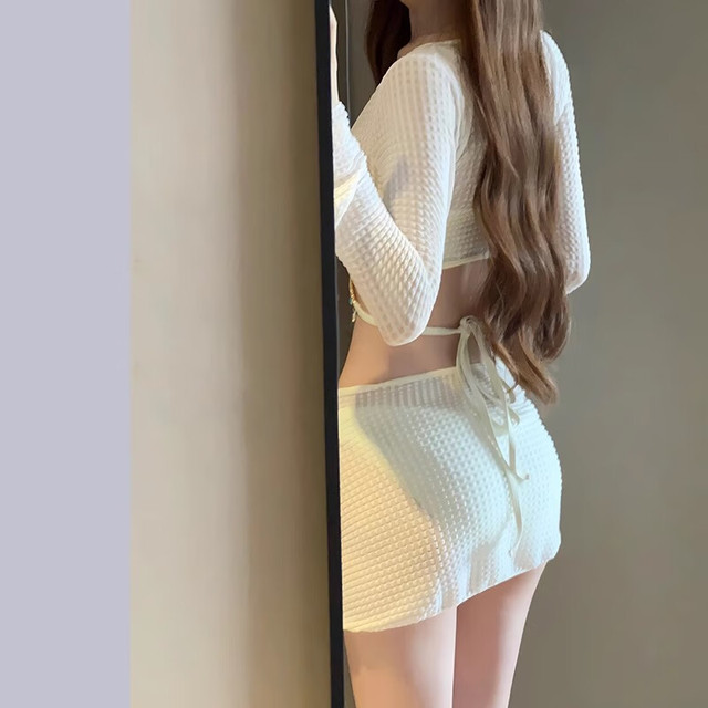 安与·洛施琪 泳衣女比基尼女四件套分体新款时尚裙式镂空保守海边泡温泉 白色 L (95-115斤)