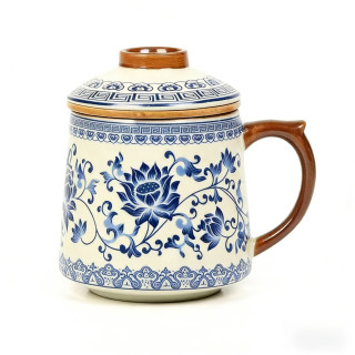 青花缠枝莲 陶瓷杯 茶水分离杯 办公杯 450ml