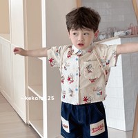 利祖熊 男童夏装套装2026新款儿童韩版卡通衬衫夏季男孩牛仔短裤两件套潮