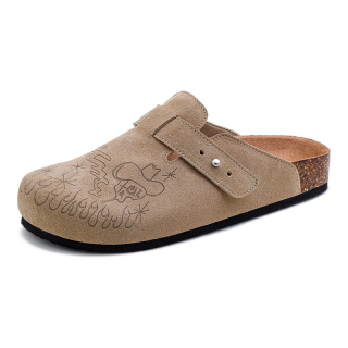 马登 女鞋夏季新款插画穆勒鞋半拖厚底外穿软木一脚蹬真皮包头凉拖鞋 沙丘色