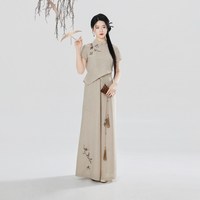 织造司 枝头雀语 女士新中式仿麻刺绣上衣阔腿裤两件套