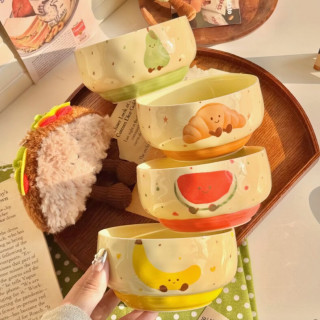 何佳功 Hejiagong Fruits Croissant 米饭碗套装 4个四色各一 陶瓷碗碟家用