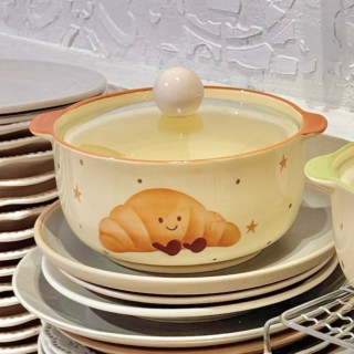 何佳功 可爱绿梨陶瓷泡面碗 带盖双耳防烫大容量粉面碗 2件套