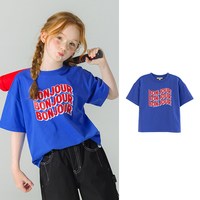 I LOVE J ILOVEJ韩国童装夏新款儿童宽松落肩袖T恤女童蓝色短袖上衣JYUTO45