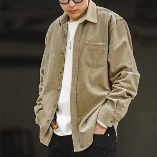 马登 美式休闲纯棉长袖衬衫叠穿内搭外套条绒衬衣男