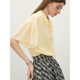 范思蓝恩 灵动拼接V领绑带短袖衬衫夏宽松穿搭系衬衣