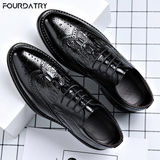 FOURDATRY 皮鞋男商务正装青年雕花鳄鱼纹潮流复