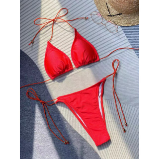 夏季纯色绑带比基尼两件式泳衣