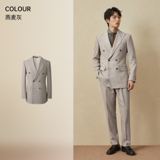 吉约蒙 双排扣西装男套装条纹浅灰色高级商务正装西服新郎结婚礼服