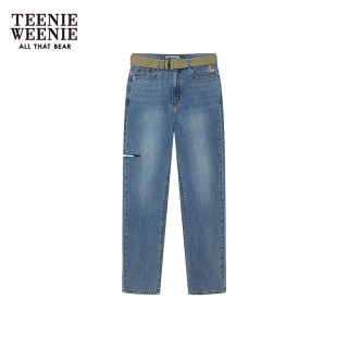TEENIE WEENIE 直筒基础款宽松侧边破洞牛仔裤长裤子女 浅蓝色