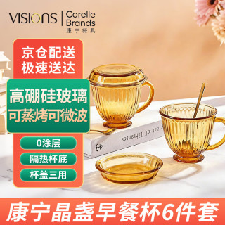 VISIONS 琥珀色早餐杯 2杯2盖2勺 家用玻璃杯