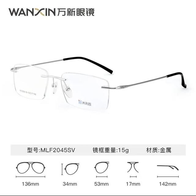 万新 1.74折射率*2高清非球面镜片+配无边框镜架（1000度内）