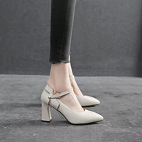 舒适时尚高跟女鞋舒适粗跟一字带浅口尖头百搭气质秋软底软底单鞋