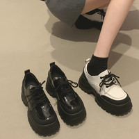 贾不假 现货贾不假厚底增高乐福鞋2026春季新款黑色复古风系带圆头小皮鞋