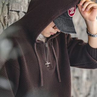 马登 美式休闲半拉链毛衣菠萝纹连帽立体套头男春上衣