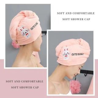 山明 干发帽 超强吸水速干加厚 毛巾 女士洗澡包头巾 卡通可爱 粉兔子+紫狐狸 2条装