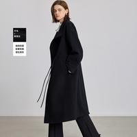 LILY 羊毛桑蚕丝复古抽绳宽松通勤黑色毛呢大衣外套女