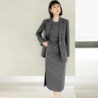 颜域 春秋轻职业西装外套无袖连衣裙套装女