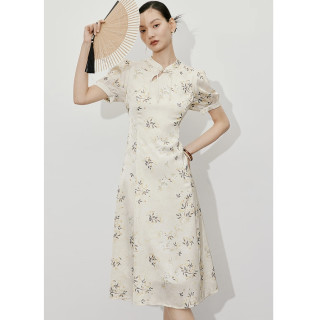 限尺码：红袖 【旗袍式连衣裙】国风设计淡雅碎花显瘦雪纺中长裙女 S