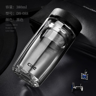cille 希乐 双层玻璃杯男女士家用车载便携水杯隔热带盖过滤网家用商务办公泡 黑色