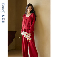 达尔丽 纯棉带胸垫睡衣女春秋长袖新款三件套吊带红色家居服夏薄款