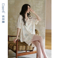 达尔丽 柔软纯棉睡衣女夏季薄款短袖短裤新款印花女开衫家居服套装