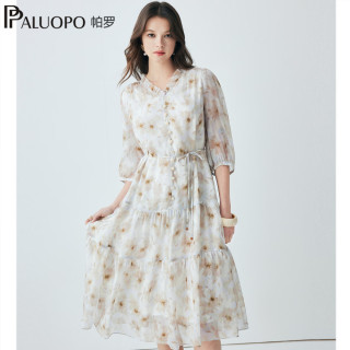 帕罗 清仓！100%桑蚕丝 雪纺碎花 夏季真丝连衣裙  高奢